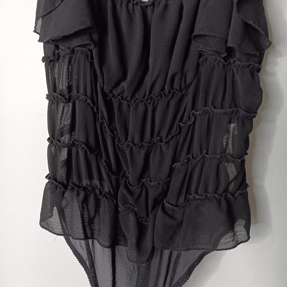 Intimately Free People Juliet Ruffle Bodysuit Women Sz M Black Sheer Square Neck - Picture 7 of 14